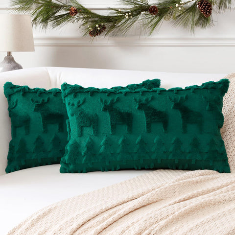 Artscope Set of 2 Xmas Soft Plush Short Wool Velvet Decorative Cushion Covers 40x60cm Luxury Style Throw Pillow Covers Pillow Shell for Sofa Bedroom Christmas Tree and Elk Green,