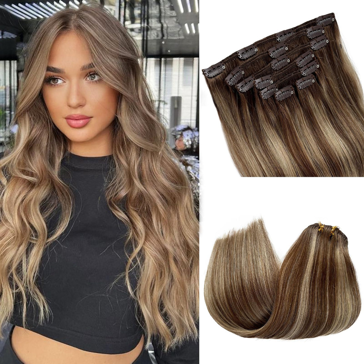 Clip in Hair Extensions Real Human Hair Balayage Highlights 12 Inch Short Length Remy Human Hair Extensions Ombre Brown to Chestnut Brown and Beige Blonde Highlight Clip ins