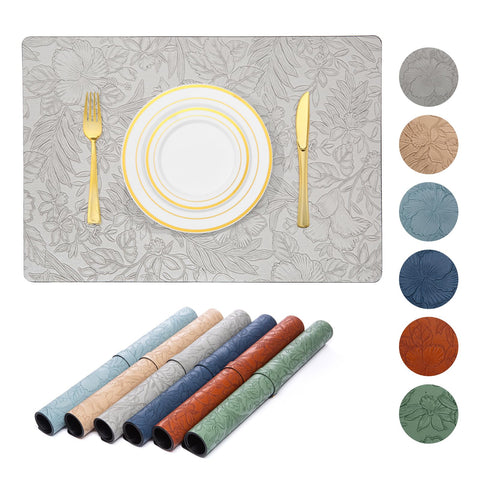 Qixovren Floral Faux Leather Placemats Set of 6, 17â€™â€™Ã—12â€™â€™ Waterproof Heat Resistant Oilproof Wipeable Place Mat, Washable Dining Table Mat, Easy to Store, Gift for Family, Silver