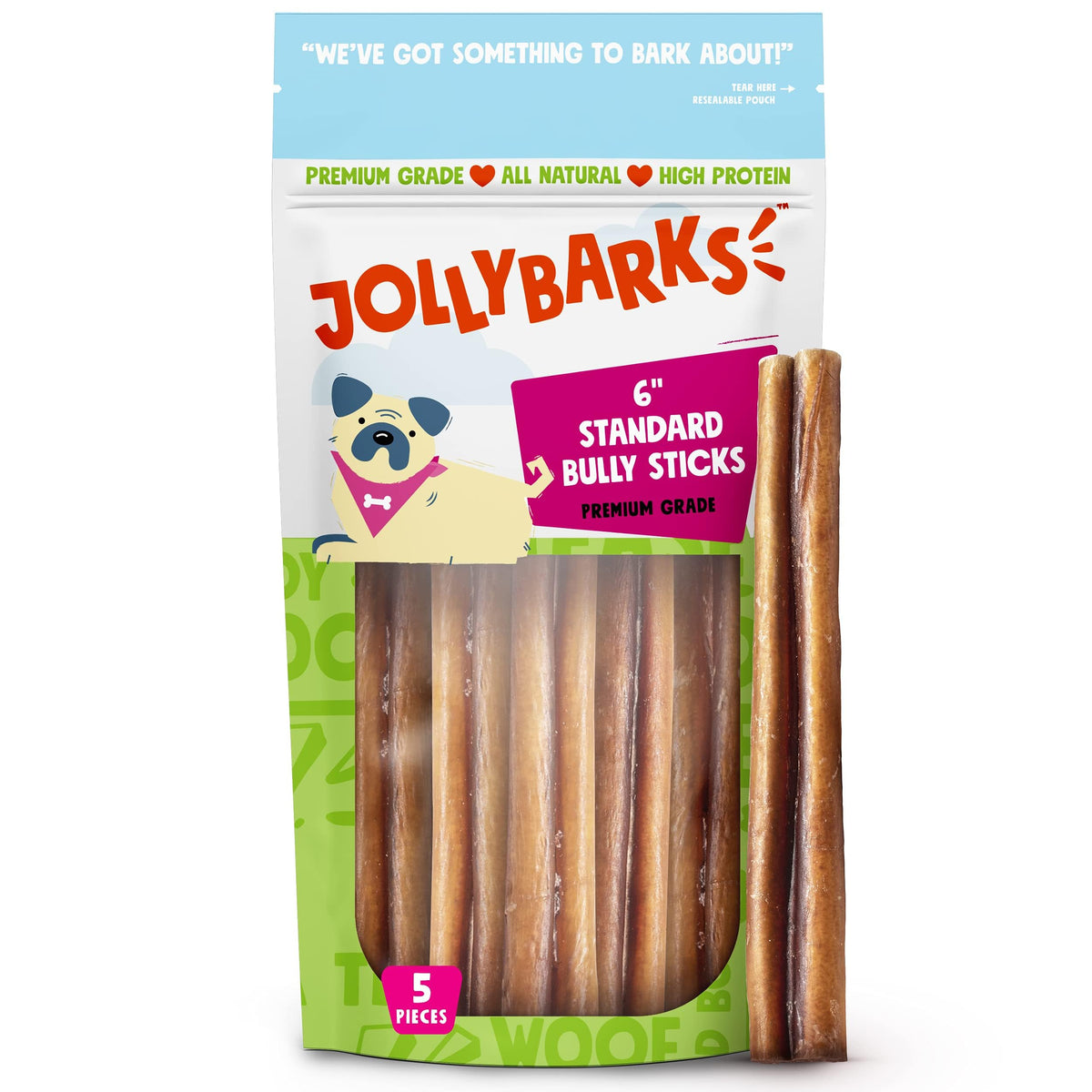 Jolly Barks 6 Inch Bully Sticks for Small Dogs | Long Lasting Pizzle Sticks for Dogs | All Natural and Single Ingredient Dog Treat (5 Ct)