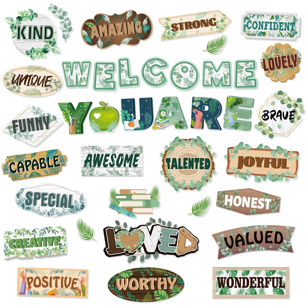 HOWAF 39pcs Eucalyptus Affirmation Station Bulletin Board Set, Inspirational Cutouts for Welcome Back to School Classroom Decor, Positive Accents Cut-Outs for First Day of School Chart Wall Supplies