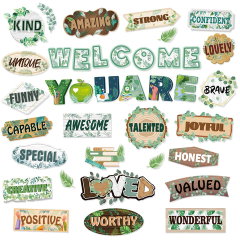 HOWAF 39pcs Eucalyptus Affirmation Station Bulletin Board Set, Inspirational Cutouts for Welcome Back to School Classroom Decor, Positive Accents Cut-Outs for First Day of School Chart Wall Supplies