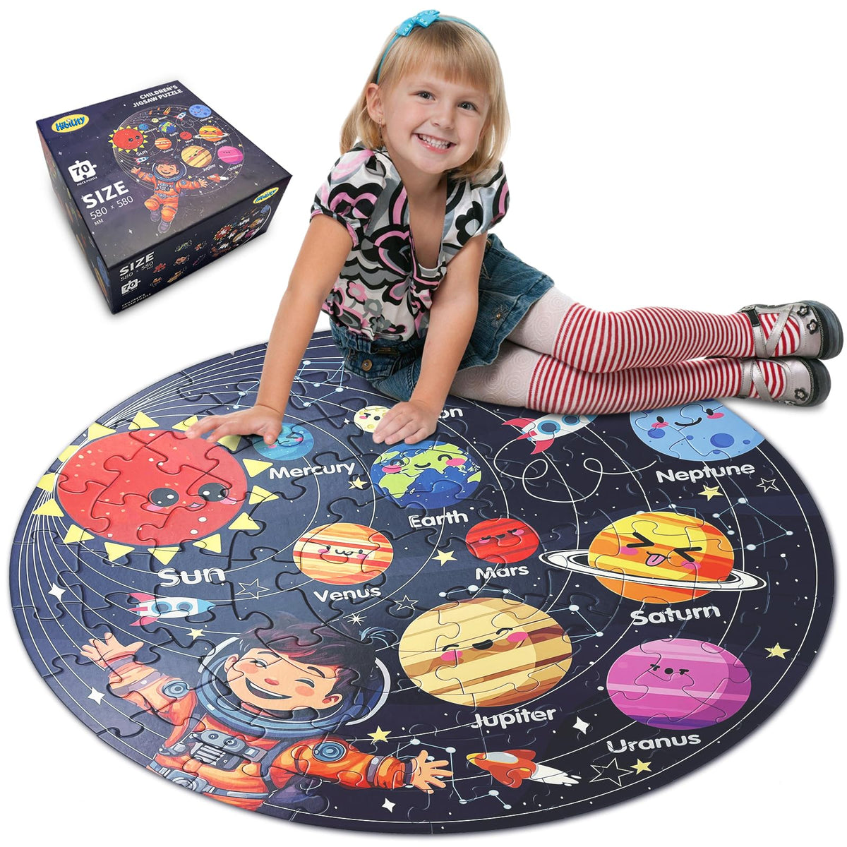 Hibility Space Large 70 Piece Round Floor Puzzles for Kids Ages 4-8, 3-5, 6-8, Large Jigsaw Puzzles Toys with Solar System Planets, Education Learning Kids Puzzles Gift, Popular Easter Gift for Kids