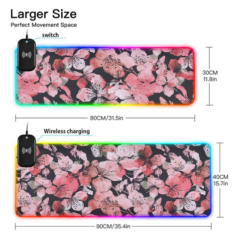 Blooming Wild Cherry Wireless Charging Mouse Pad for Mobile Phone Extra Large Gaming Mousepad with 13 Lighting Modes Mouse Mat for Gaming MacBook PC Laptop Desk Office Home