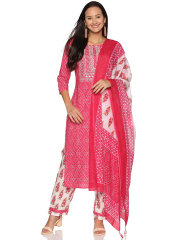 RAJMANDIRFABRICS Women's Cotton Bandhej Print Embroidered Kurta Pant & Dupatta Set, Off White & Pink, M