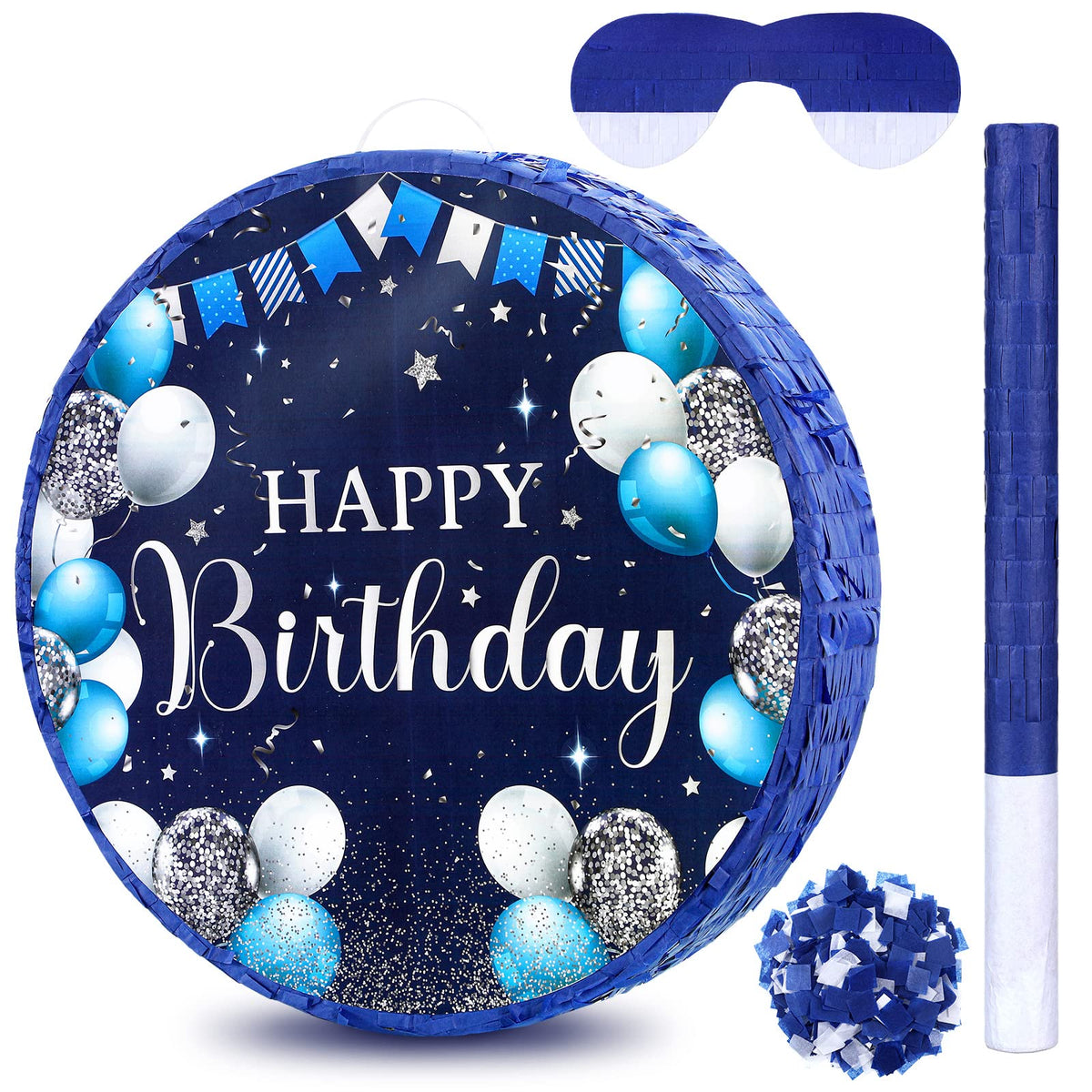 Blue and Silver Birthday PiÃ±ata with Stick Blindfold and Confetti for Boys Girls Men Women Birthday Party Supplies