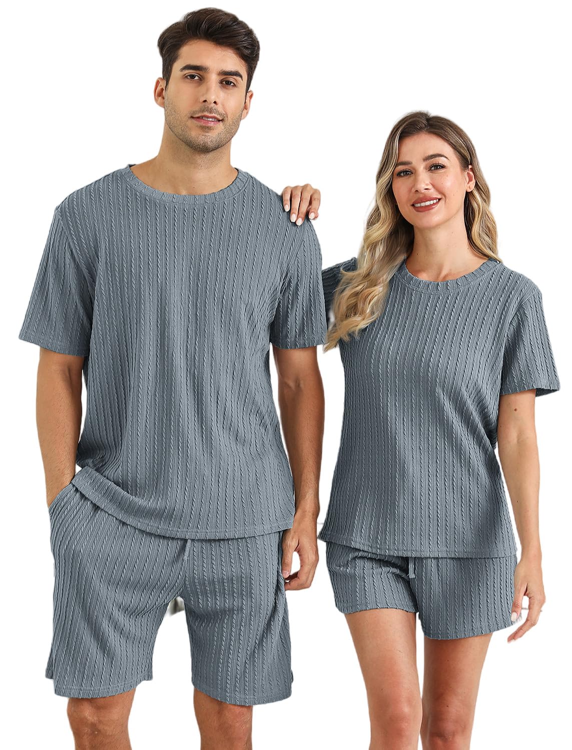 EISHOPEER Ribbed Knit 2 Piece Lounge Sets Short Matching Outfits Loungewear Pajamas Sleepwear Sweatsuit Tracksuit Blue Grey Medium