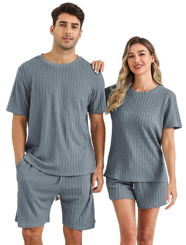 EISHOPEER Ribbed Knit 2 Piece Lounge Sets Short Matching Outfits Loungewear Pajamas Sleepwear Sweatsuit Tracksuit Blue Grey Medium