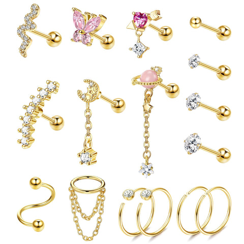 Morfetto 16pcs Helix Piercing Jewellery Surgical Steel Conch Tragus Helix Earring for Women Screw Back Earrings Stud CZ Ear Piercing Cartilage Helix Conch Hoop Earrings for Multiple Piercings Golden