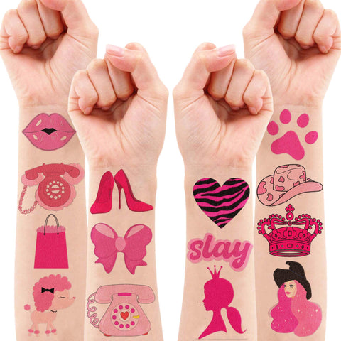 8 Sheets (98PCS) Hot Pink Princess Tattoos Temporary Stickers Birthday Party Favors Supplies Decorations Cute For Women Adult Kids Girls Boys Gifts Prizes Rewards