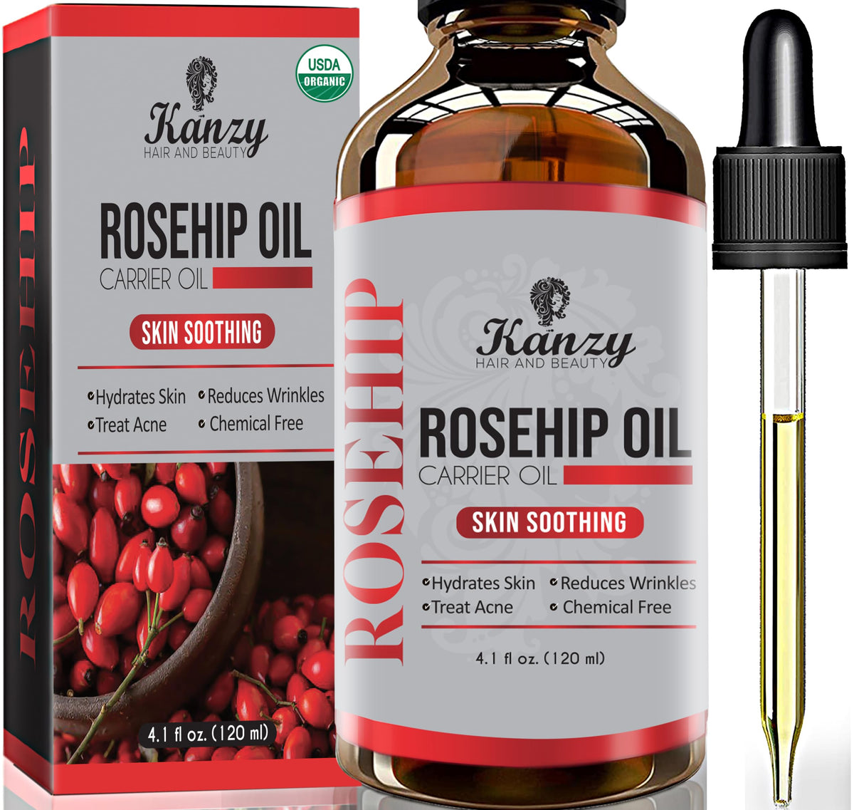Kanzy Rosehip Oil for Face 120ml Organic Cold Pressed 100% Pure Natural, Hydrating, Nourishing & Moisturising Rosehip Seed Oil for Skin, Hair, Nails, and Body Oil