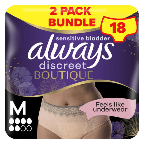 Always Discreet Boutique Incontinence Pants Women, Medium, UK Dress Size 8-14, Beige, Absorbency 6, 18 Underwear/Knickers, Heavy Bladder Leak Protection/Maternity Postpartum, Odour Neutraliser