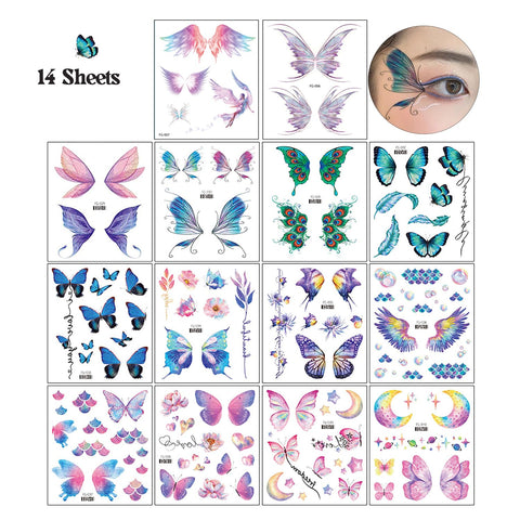14 Sheets Glitter Butterfly Temporary Tattoos Sticker for Eye Face Makeup Decoration, Body art tattoo stickers Shiny Butterflies Waterproof Fake Tattoos Eye Decor