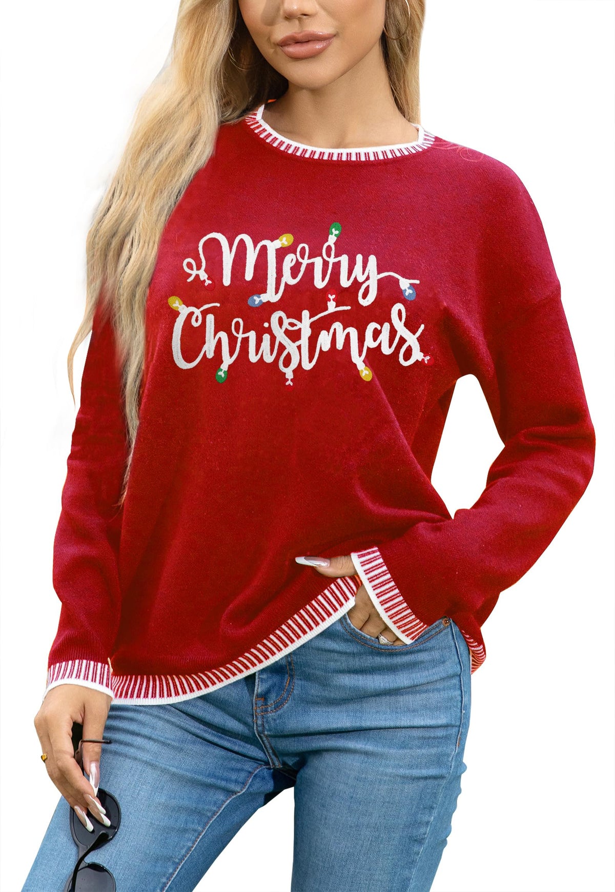 hohololo Christmas Jumpers for Women Xmas Knit Sweater Long Sleeve Crew Neck Christmas Print Pullover