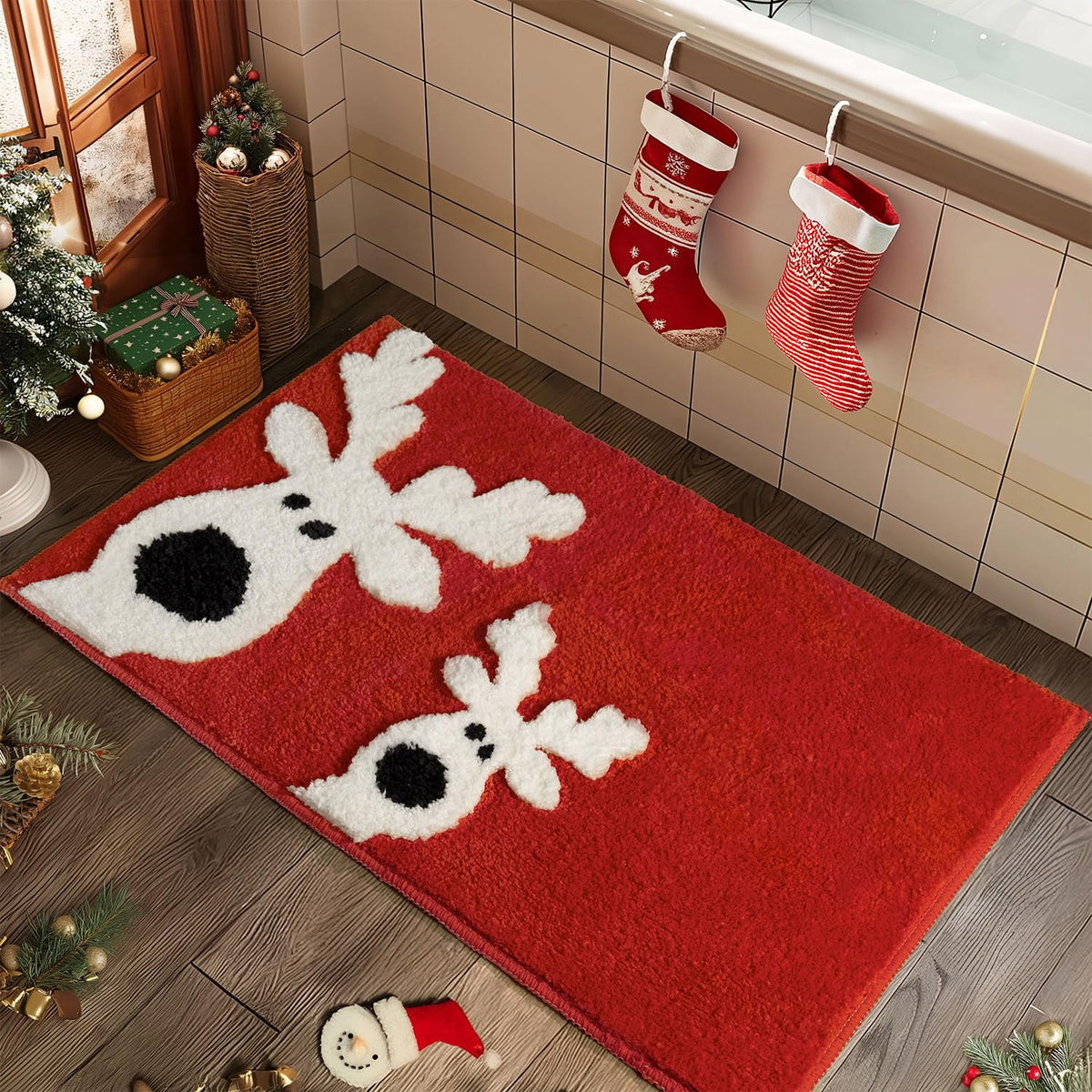 UNIBATH Cute Bath Mat Reindeer Christmas Bathroom Decor Red Bathroom Rugs Non-Slip Bath Rug Absorbent Washable Shower Rug