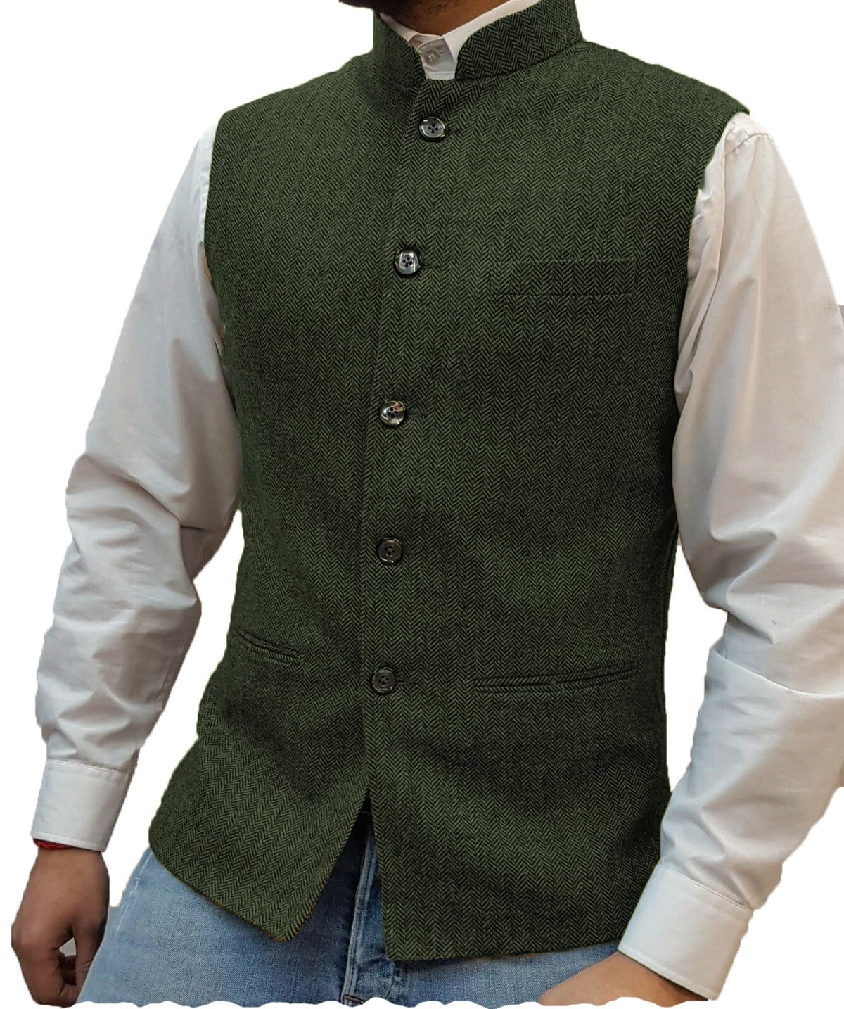 Tuikayoo Mens Herringbone Wool Vests Suit Business Tweed High Collar Waistcoats Slim Fit(3X-Large, Army Green)