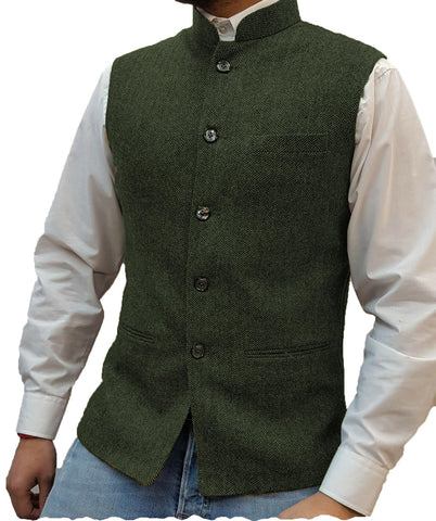 Tuikayoo Mens Herringbone Wool Vests Suit Business Tweed High Collar Waistcoats Slim Fit(3X-Large, Army Green)