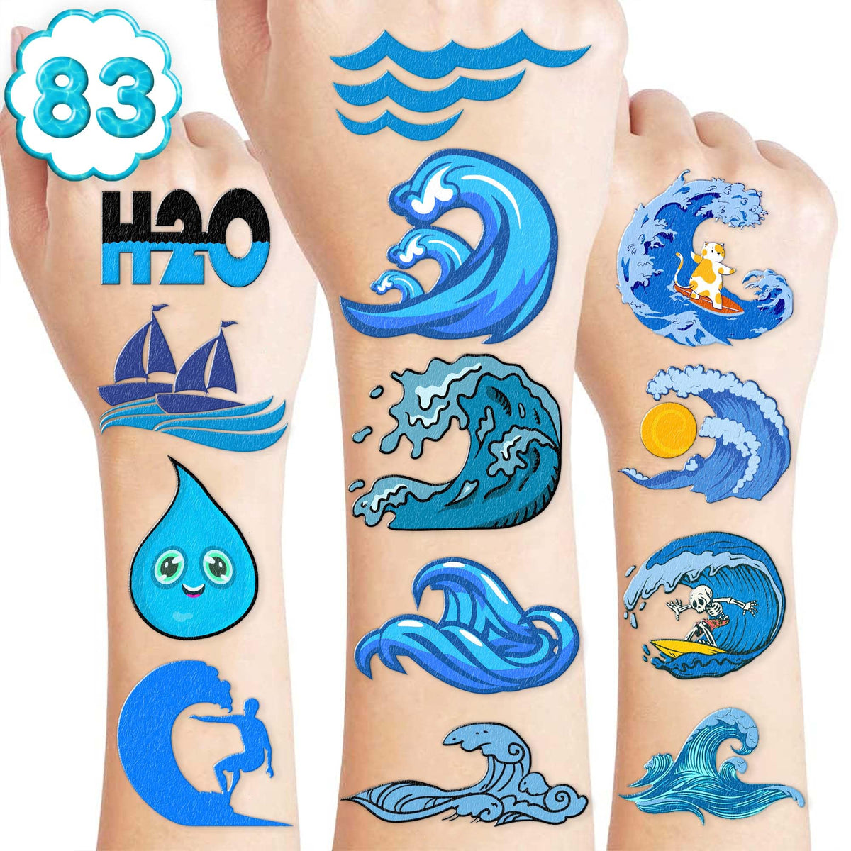 83 PCS Water Ocean Temporary Tattoos Themed Surf Summer Birthday Party Decorations Favors Supplies Decor Water Wave Tattoo Stickers for Kids Cute Gifts School Prizes
