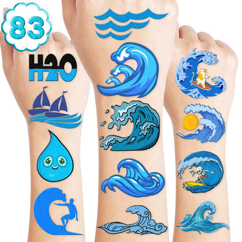 83 PCS Water Ocean Temporary Tattoos Themed Surf Summer Birthday Party Decorations Favors Supplies Decor Water Wave Tattoo Stickers for Kids Cute Gifts School Prizes