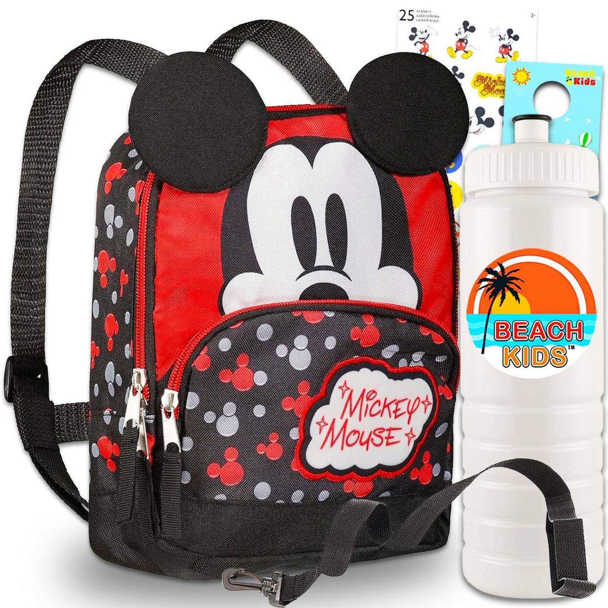 Mickey Mouse Harness Backpack for Toddlers - Mickey Backpack for Kids Bundle with 10" Mini Mickey Mouse Backpack, Water Bottle, Stickers, More | Mickey Mouse Toddler Leash Backpack