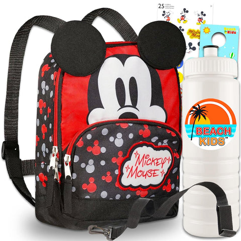 Mickey Mouse Harness Backpack for Toddlers - Mickey Backpack for Kids Bundle with 10" Mini Mickey Mouse Backpack, Water Bottle, Stickers, More | Mickey Mouse Toddler Leash Backpack