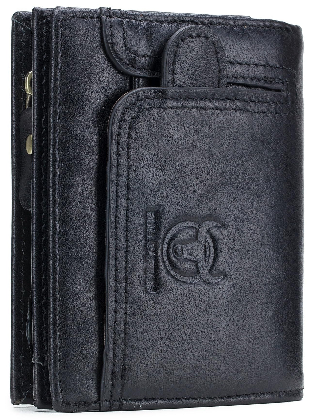 BULLCAPTAIN Men RFID Blocking Bifold Wallet Genuine Leather Card Holder Zipper Coin Purse (Black with zipper)
