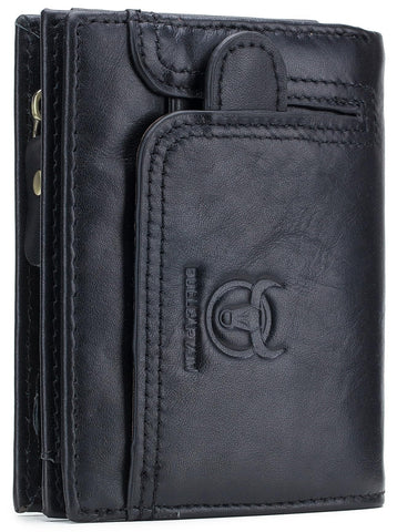 BULLCAPTAIN Men RFID Blocking Bifold Wallet Genuine Leather Card Holder Zipper Coin Purse (Black with zipper)