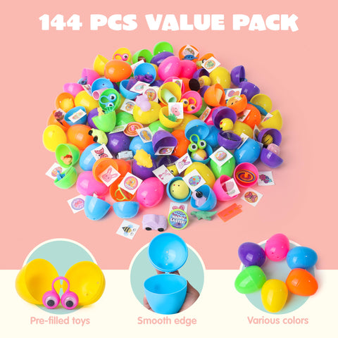 JOYIN 144 PCS Prefilled Easter Eggs with Assorted Toys for Easter Egg Hunt, Party Favors, Easter Basket Stuffers, Easter Classroom Prize Supplies