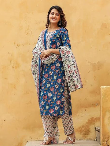 Vaamsi Women's Rayon Cotton Blend Floral Printed Straight Kurta Pant With Dupatta (VKSKD1238_Blue_XXL)