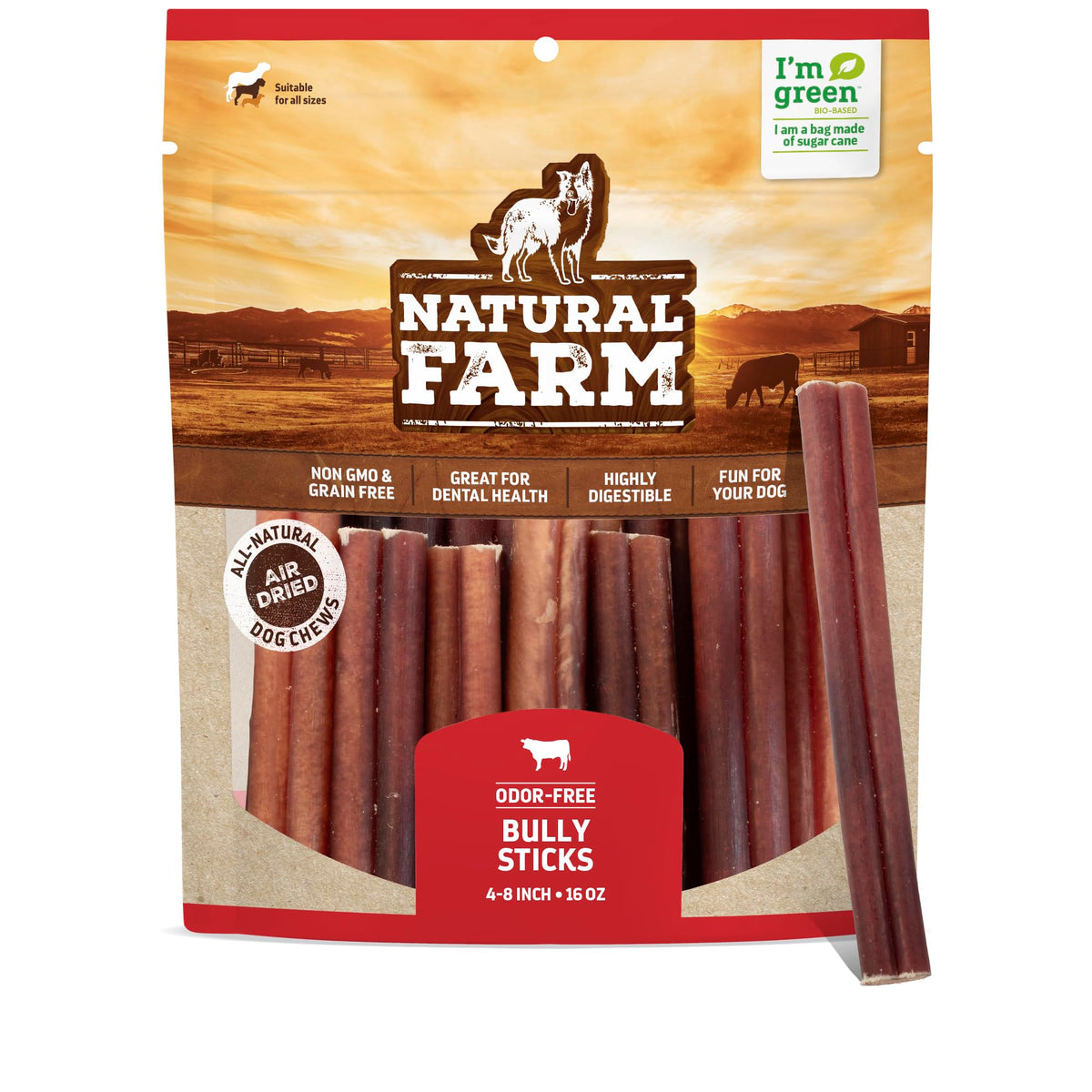Natural Farm Odor-Free Bully Sticks (4-8ÃƒÆ’Ã‚Â¢ÃƒÂ¢Ã¢â‚¬Å¡Ã‚Â¬Ãƒâ€šÃ‚Â, 16oz) ALL-NATURAL Long-Lasting Chews, 100% Beef Pizzle, Grass-Fed, Grain-Free, Hormone-Free, Protein for Muscle Development & Energy, Perfect For Medium Dogs