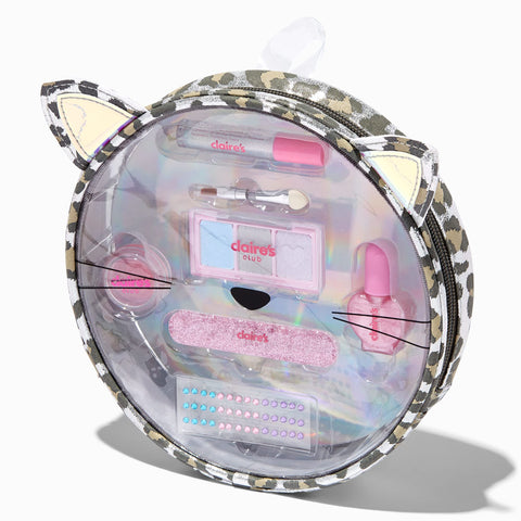 Claire's Accessories Snow Leopard Cosmetic Makeup Kit for Girls which includes Eye Shadows, Lip Gloss, Nails and More