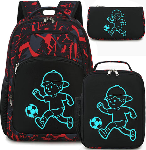 Kids Backpack for Little Boys Girls Luminous Soccer Preschool Bookbag with Lunch Box Pencil Case Set Toddler Kindergarten School Bag