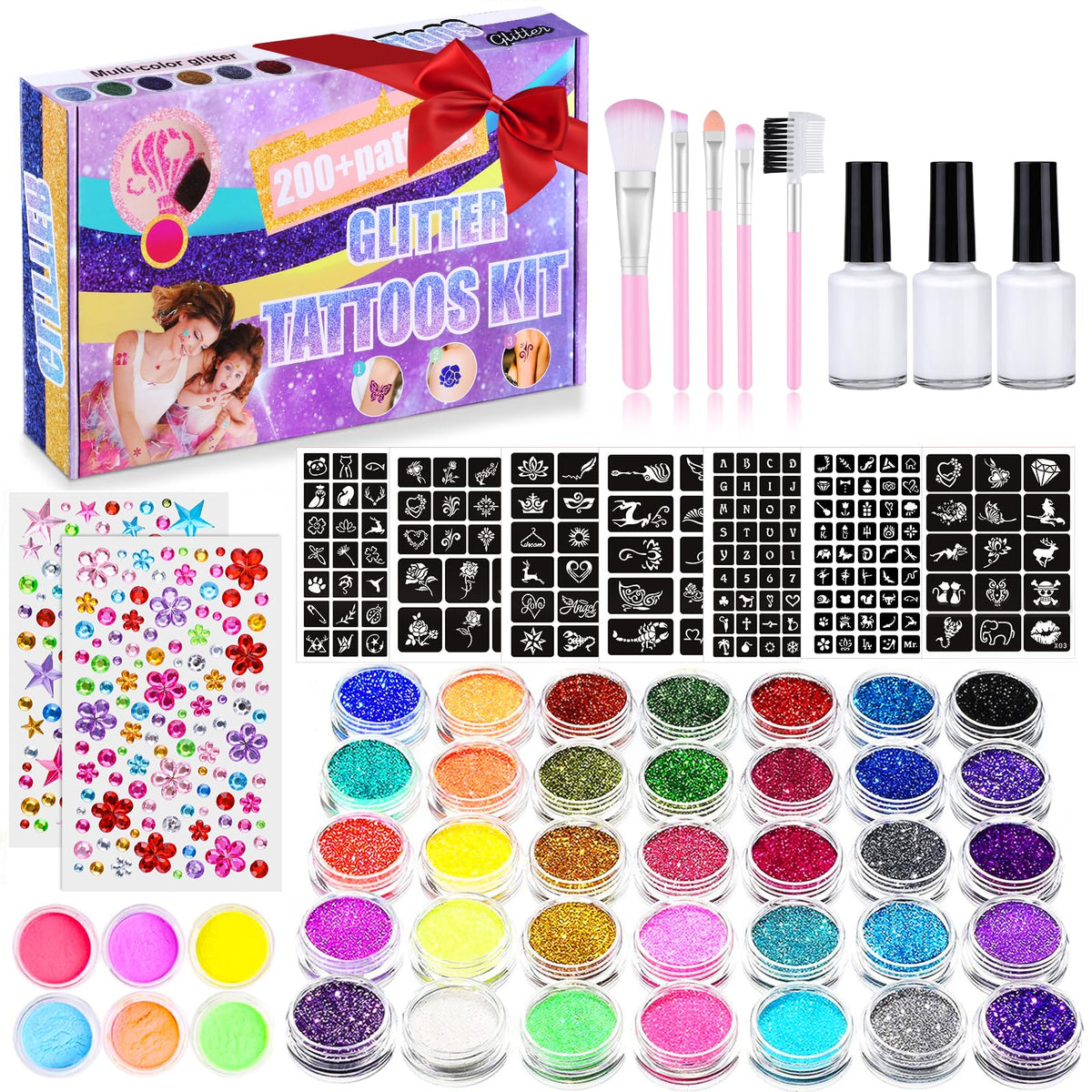 Glitter Tattoos for Kids, Girls Temporary Glitter Tattoo Kit, 41 Colours Glitter 215 Rhinestones 204 Stencils 3 Glue 5 Brushes Waterproof Tattoos, Festival Glitter for Girls & Adults, Birthday, Party