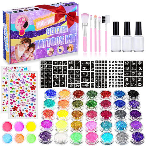 Glitter Tattoos for Kids, Girls Temporary Glitter Tattoo Kit, 41 Colours Glitter 215 Rhinestones 204 Stencils 3 Glue 5 Brushes Waterproof Tattoos, Festival Glitter for Girls & Adults, Birthday, Party