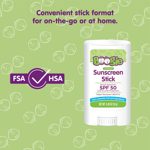 Baby Sunscreen Stick by Boogie Block, Mineral Sunscreen SPF 50, FSA'HSA Eligible, Travel Size Sunblock for Kids, Zinc Oxide, Water Resistant, Vegan, Fragrance Free Pack of 1