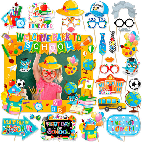 HOWAF Back to School Photo Booth Props Kit, 1 Welcome Back School Photo Booth Frame 25pcs First Day of School Selfie Props Kit, Ready to Learn Themed Party Decorations Photo Props for Teacher Students