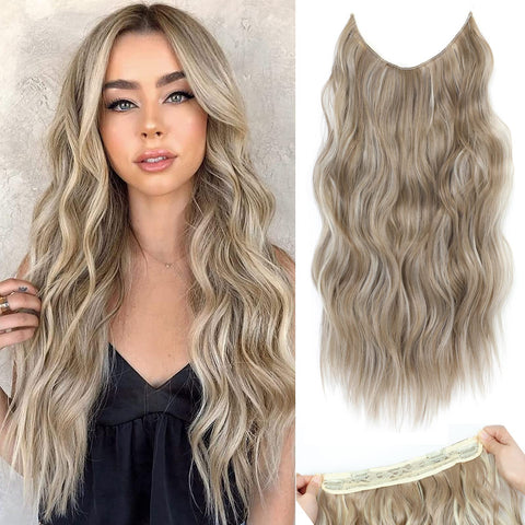 Halo hair extensions with Adjustable Transparent Headband Size 4 Secure Clips Long Wavy Invisible Wire Secret Hairpieces for Women Daily Party Use (Light Ash Brown with Blonde, 20 Inch)
