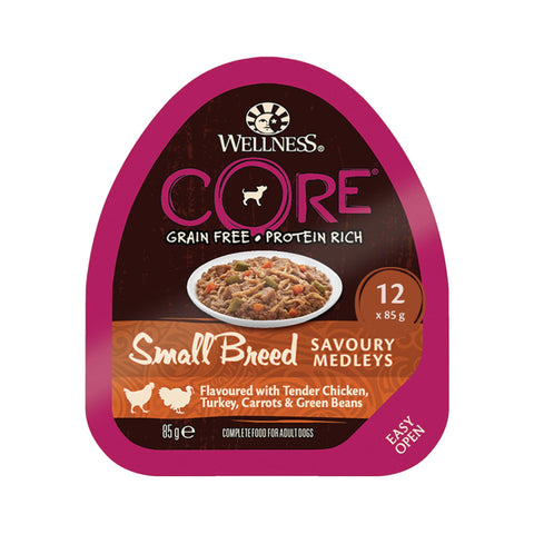 Wellness CORE Small Breed Savoury Medleys, Dog Food Wet for Smaller Breed, Grain Free, High Meat Content, Chicken and Turkey, 85 g (Pack of 12)