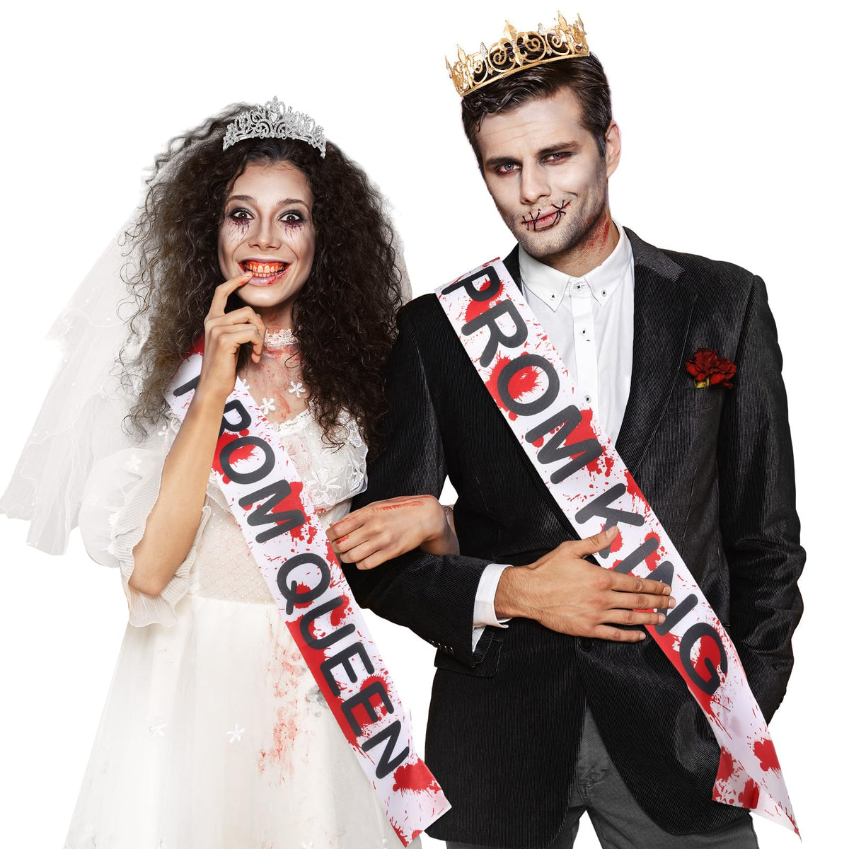 Saintrygo 4 Pcs Halloween Zombie Prom Queen Prom King Crowns Tiaras Sash Bloody Splattered Sash for Halloween Cosplay Party(Bloody Style)