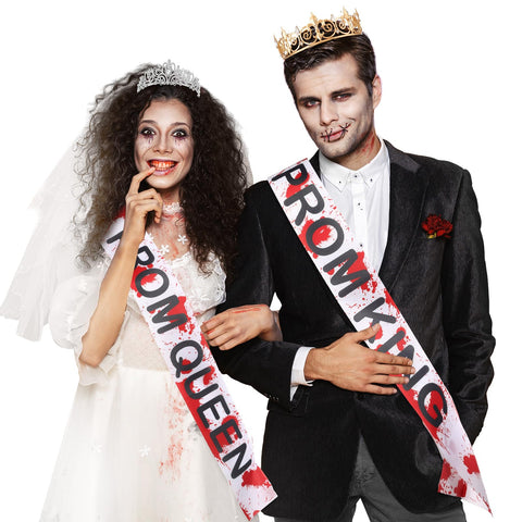 Saintrygo 4 Pcs Halloween Zombie Prom Queen Prom King Crowns Tiaras Sash Bloody Splattered Sash for Halloween Cosplay Party(Bloody Style)