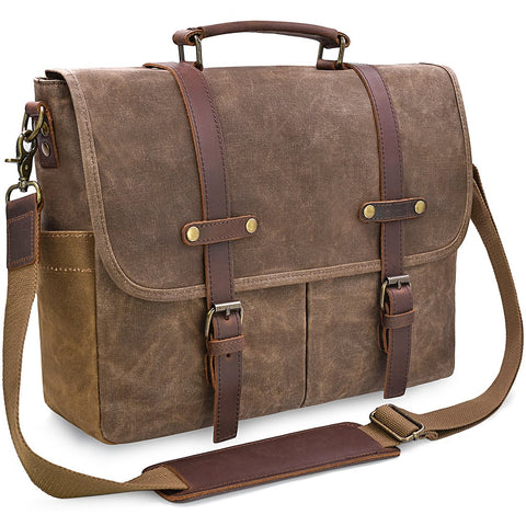 NEWHEY Mens Laptop Shoulder Canvas Messenger Bag Waterproof Computer Briefcase Notebook Vintage Satchel Designer School Work Bags Brown 15.6 Leather