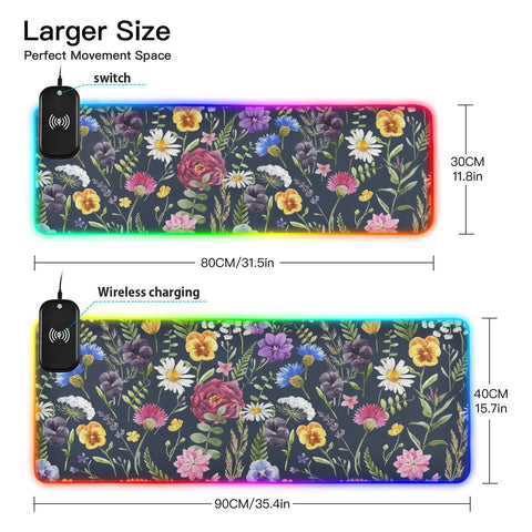 Floral Daisy Wireless Charging Mouse Pad for Mobile Phone Extra Large Gaming Mousepad with 13 Lighting Modes Extended Desk Mat for Office Home Gaming MacBook PC Laptop Desk