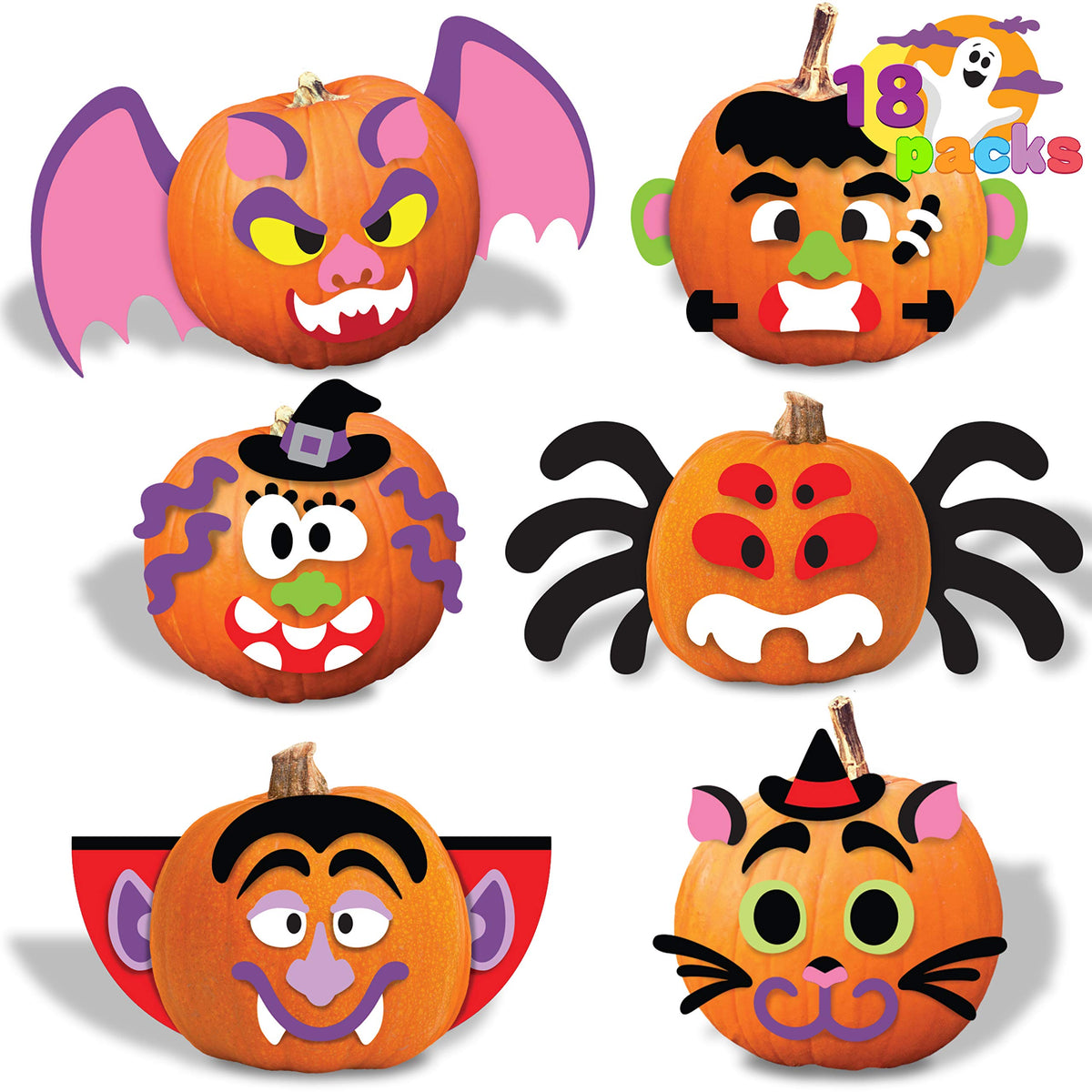 JOYIN 18 Packs Halloween Make a Face Stickers,Pumpkin Decoration Craft Kit,Halloween Foam Stickers in 6 Character Designs for Halloween Party Supplies,Trick and Treat Party Favors