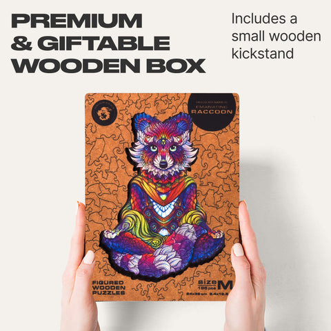 UNIDRAGON Wooden Jigsaw Puzzles - Emanating Raccoon, 196 pcs, Medium 9.4x12.5, Beautiful Gift Package, Unique Shape Best Gift for Adults and Kids