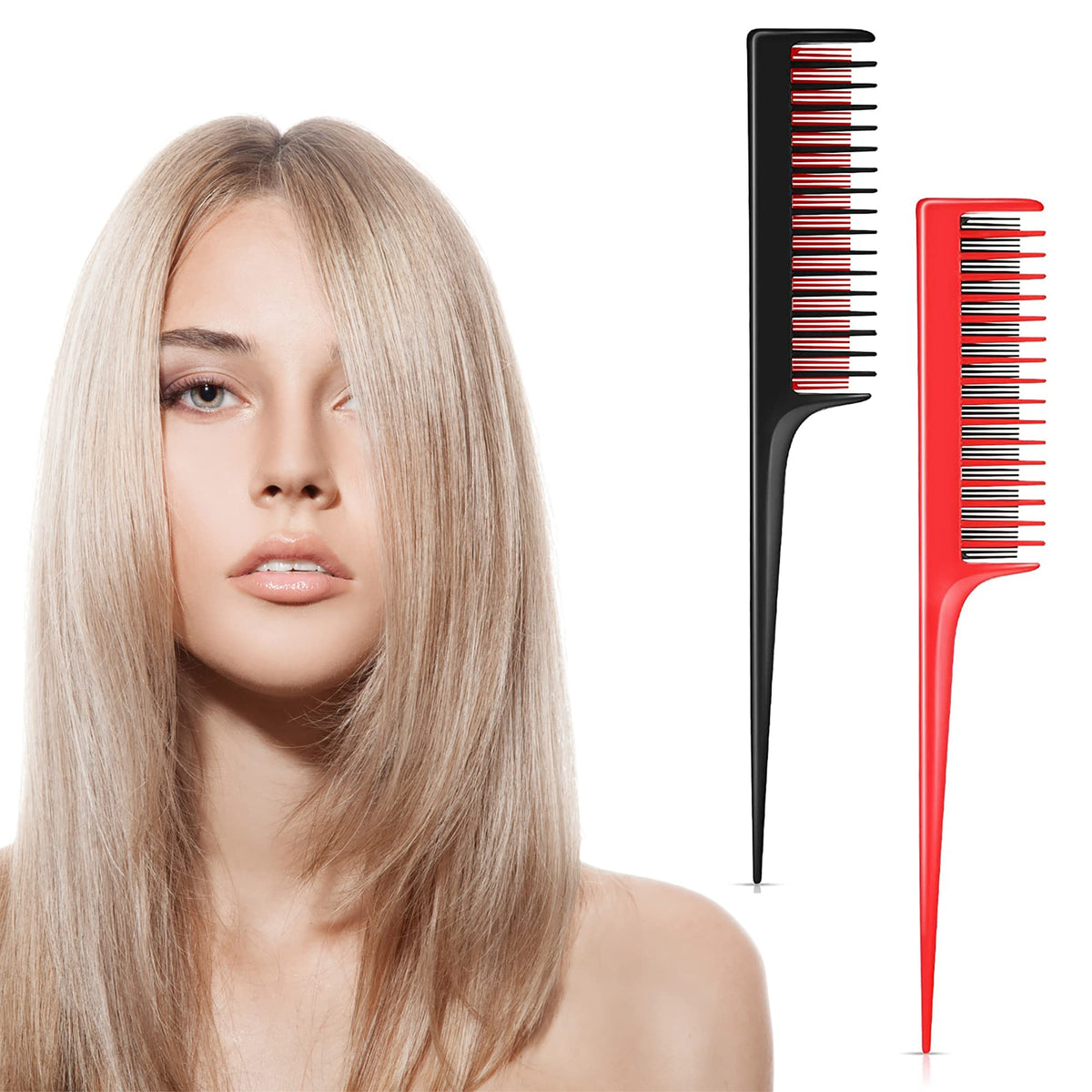 2Pcs Back Combing Combs Hairdressing Back Combing Brushes Triple Teasing Comb Black and Red Hair Root Teasing Rat Tail Comb for Back Combing Root Teasing, Evening Styling, Adding Volume