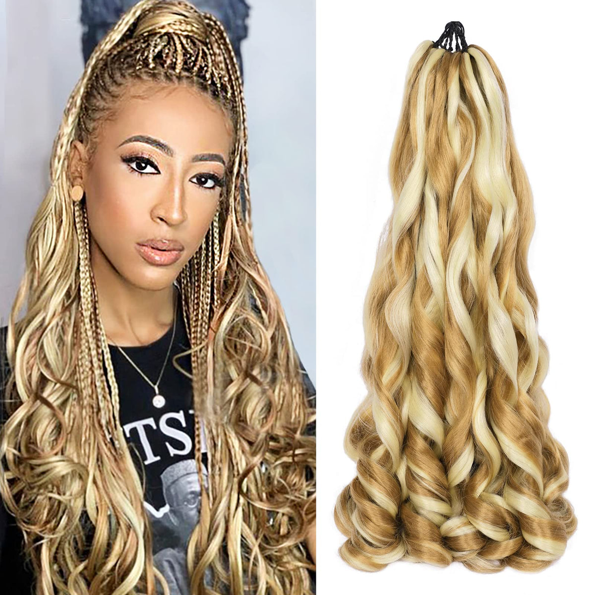 French Curly Braiding Hair 7 Packs 22 Inch Pre Stretched Braiding Hair Bouncy Loose Wave Crochet Hair for Women (7 Packs, 27/613#)
