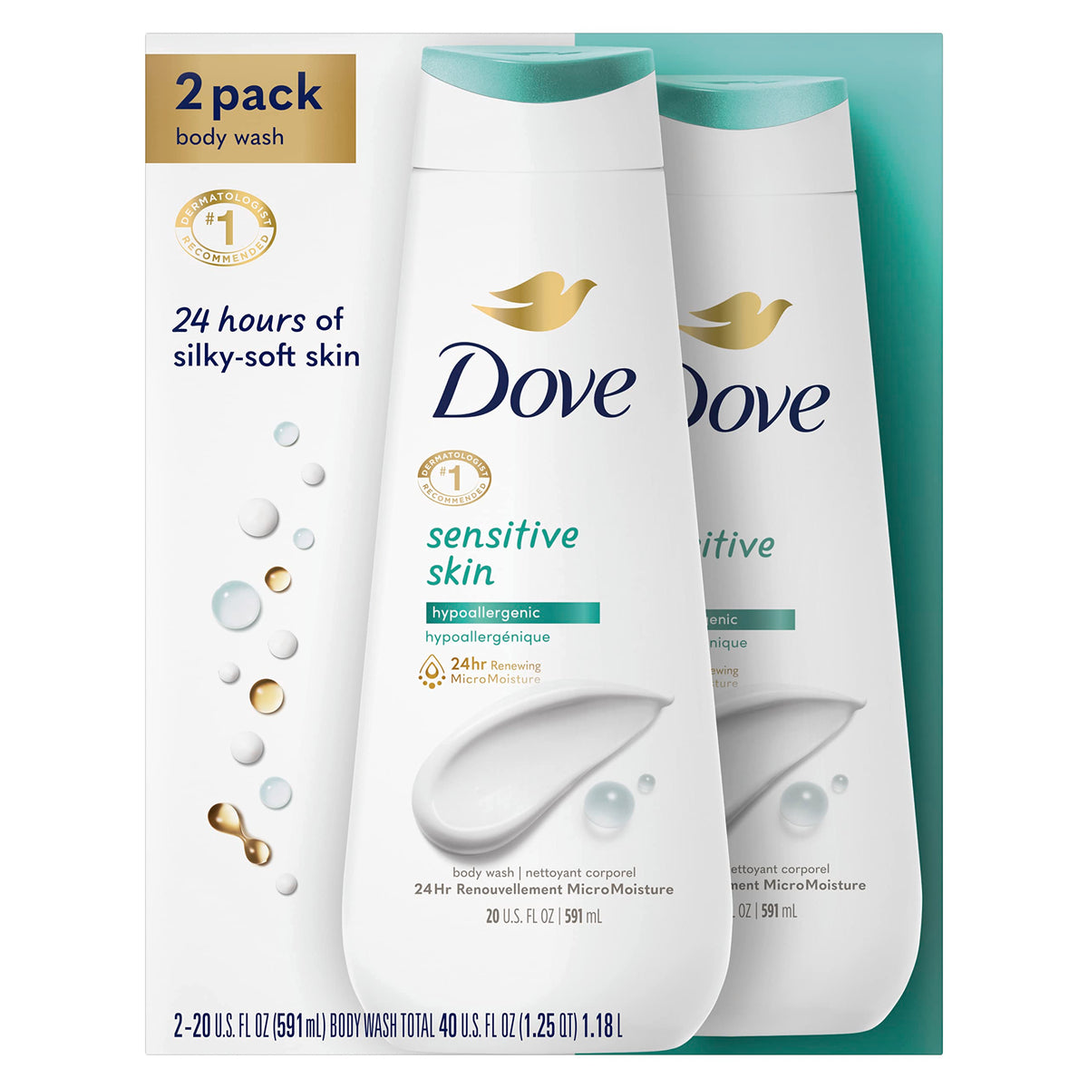Dove Body Wash Sensitive Skin 2 Count Hypoallergenic and Sulfate Free Body Wash Effectively Washes Away Bacteria While Nourishing Your Skin 20 oz