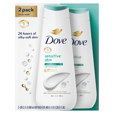Dove Body Wash Sensitive Skin 2 Count Hypoallergenic and Sulfate Free Body Wash Effectively Washes Away Bacteria While Nourishing Your Skin 20 oz