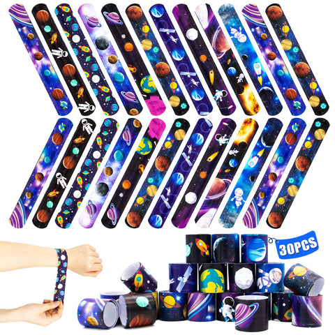 30 PCS Slap Bracelet for Kids Party Bag Fillers, Interesting Space Wristbands Fun Boys and Girls Snap Bands Bulk Vinyl Rolls for Birthday Gift Goodie Bag Flavors School Classroom Little Toys