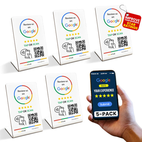 Tap Google Review Stands (5-Pack) by TapFive - Tap for Instant Reviews - All Phones Compatible - Reusable Smart Tap NFC & QR - Boost Business Reviews Zappy Fast - Powered by TapFive (White, 5 Stands)